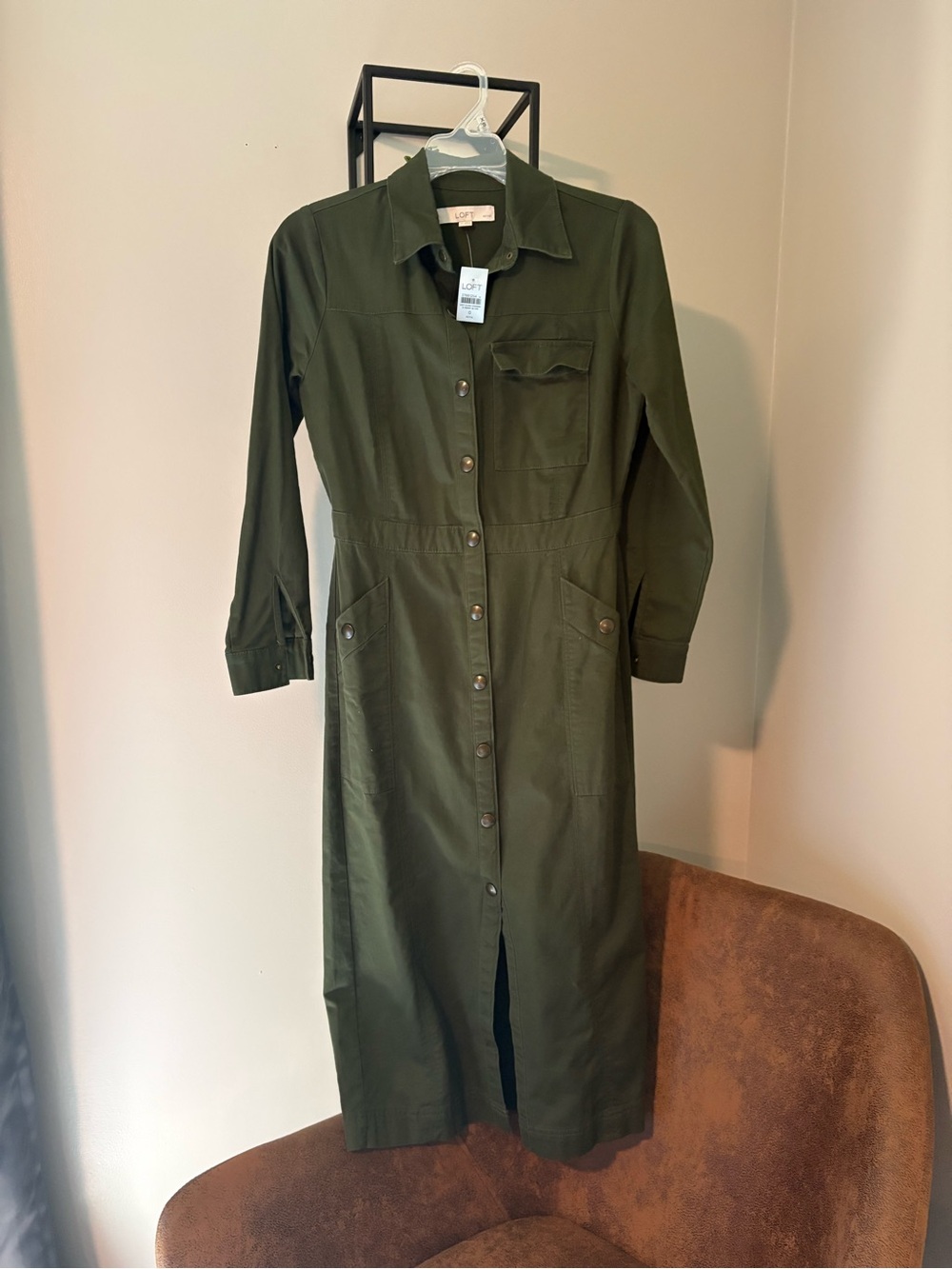 LOFT Olive Green Long-Sleeve Button-Front Utility Dress